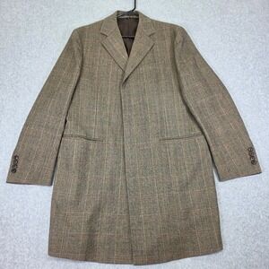 Dorland House of London Men's Large Wool Overcoat Brown Plaid Hidden Button